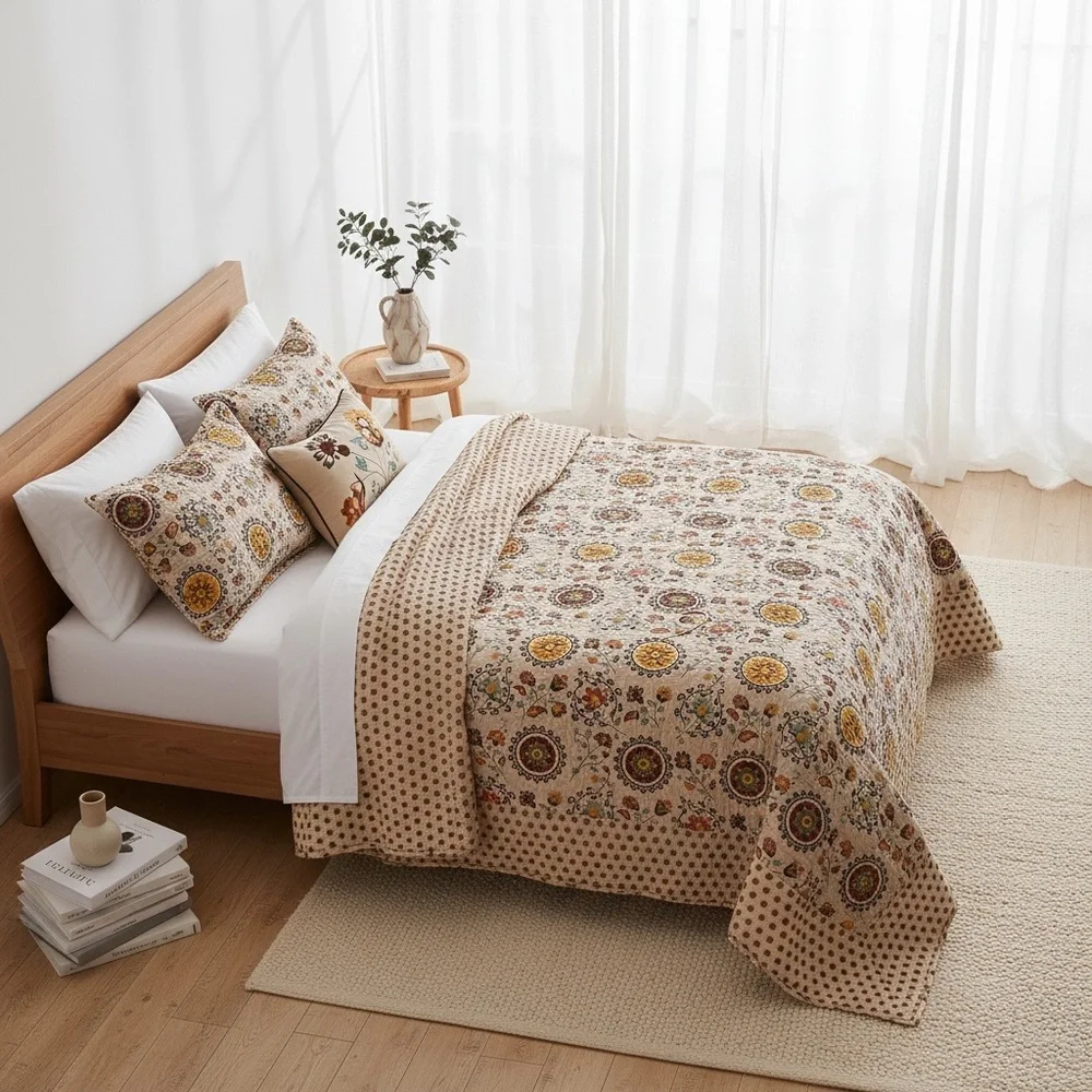 NEW Anthropologie Multicolor Retro Boho Quilt Bedspread Bedding & Sham Set